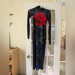 AFRM Shailene Dress in Realism Rose Sheer Black Dress with Rose Detail Size XS